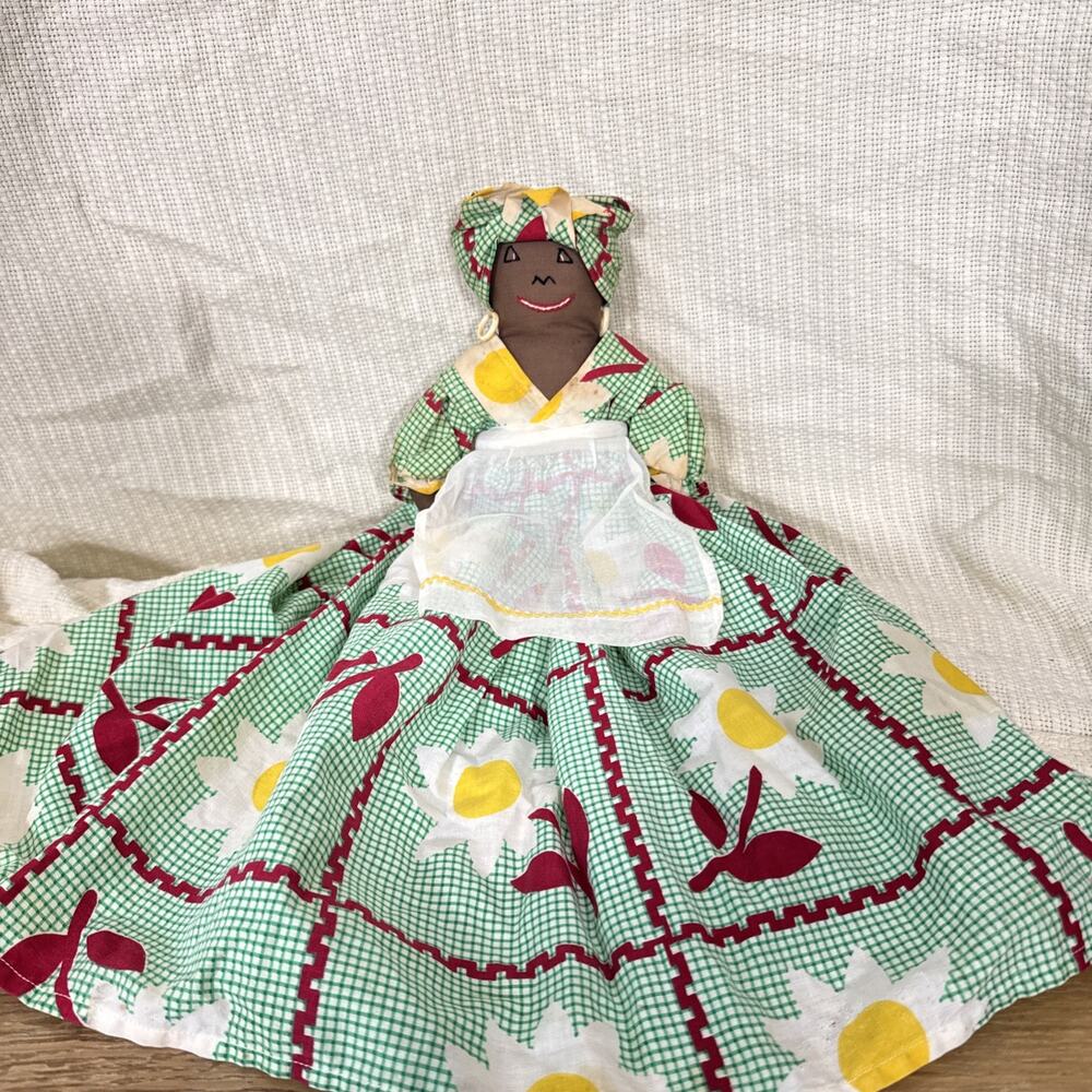 Vintage Handmade Jamaican Cloth Doll Jamaica Figure Hat Wicker Basket Folk Art
